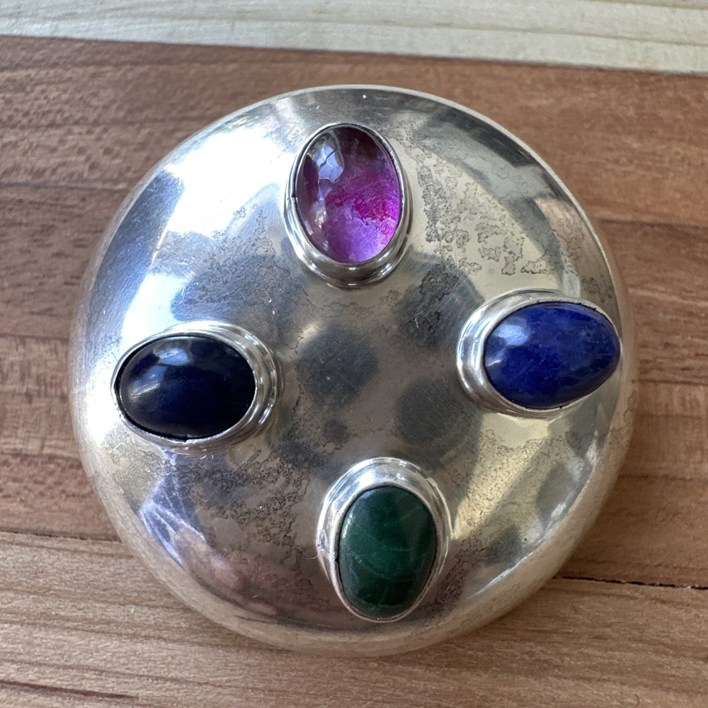 VTG Taxco Brooch 1.75 Inch Malachite Lapis Amethyst Sodalite‎ 925 Sterling 20.3g
